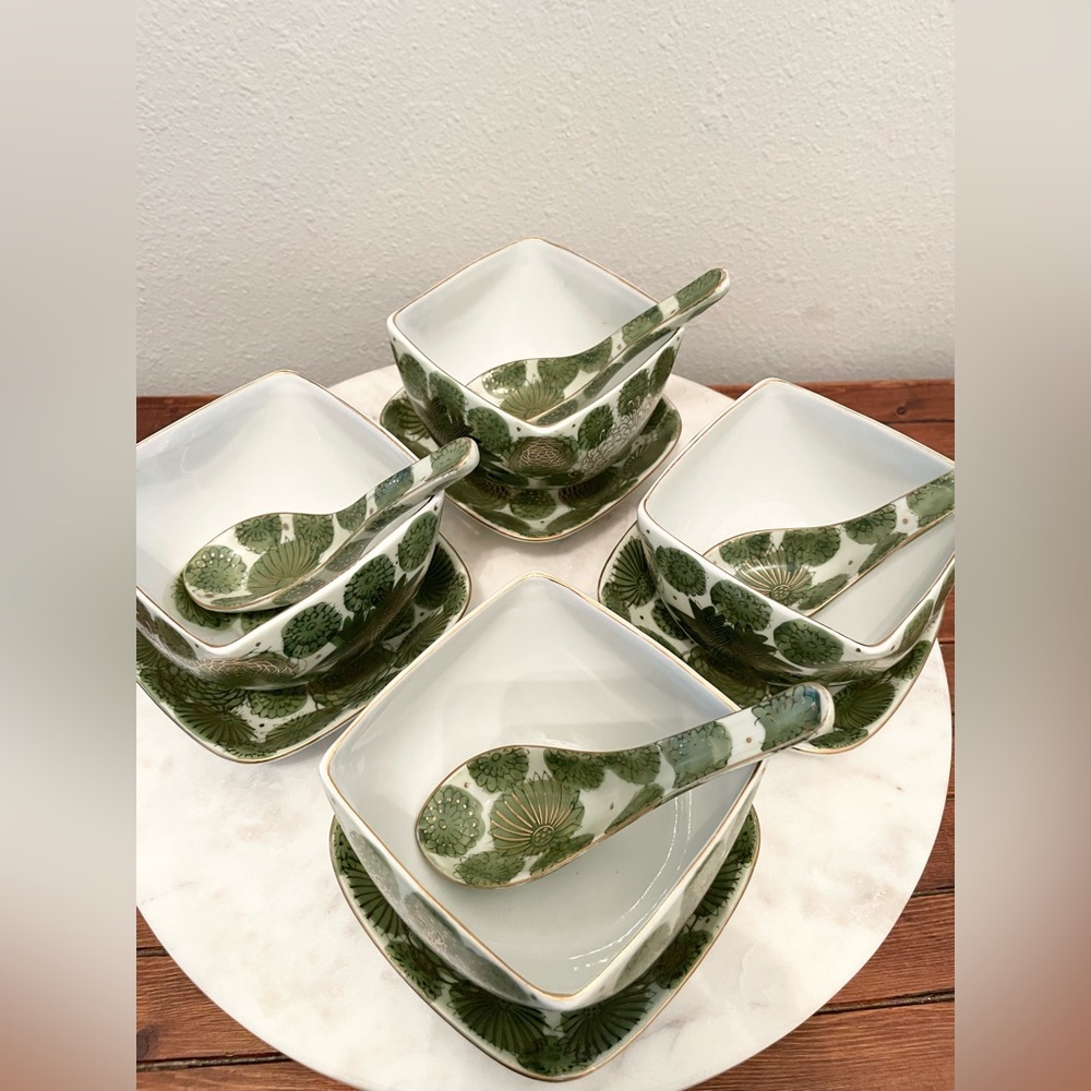 Fujita Kutani Japan Rare Vintage 12 Piece Soup Bowl Saucer Spoon Set Green/Gold